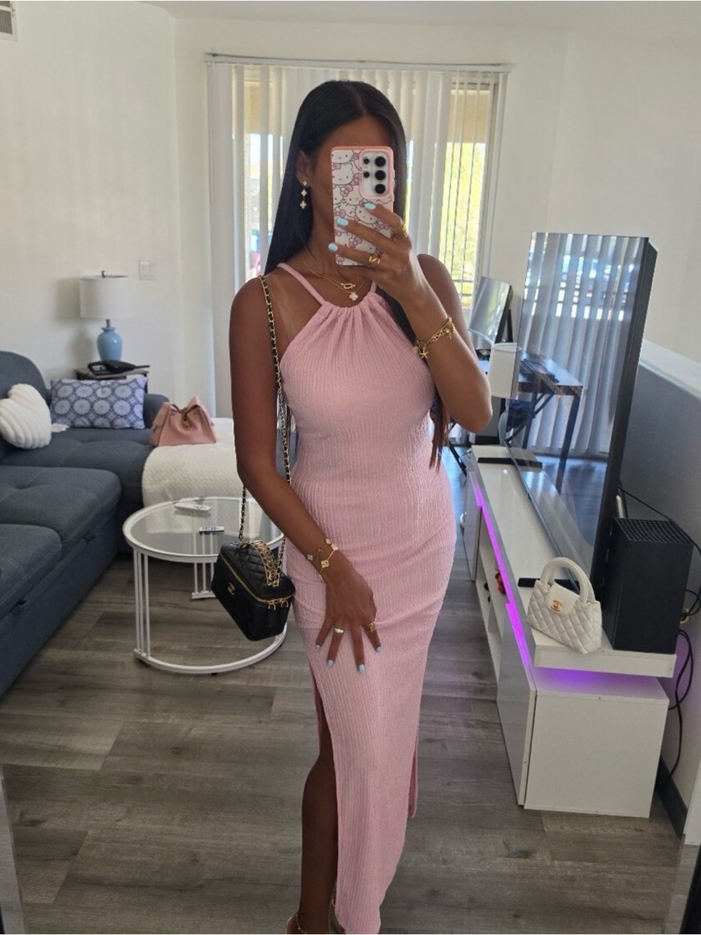 Zara Light Pink Ribbed Halter Maxi Dress